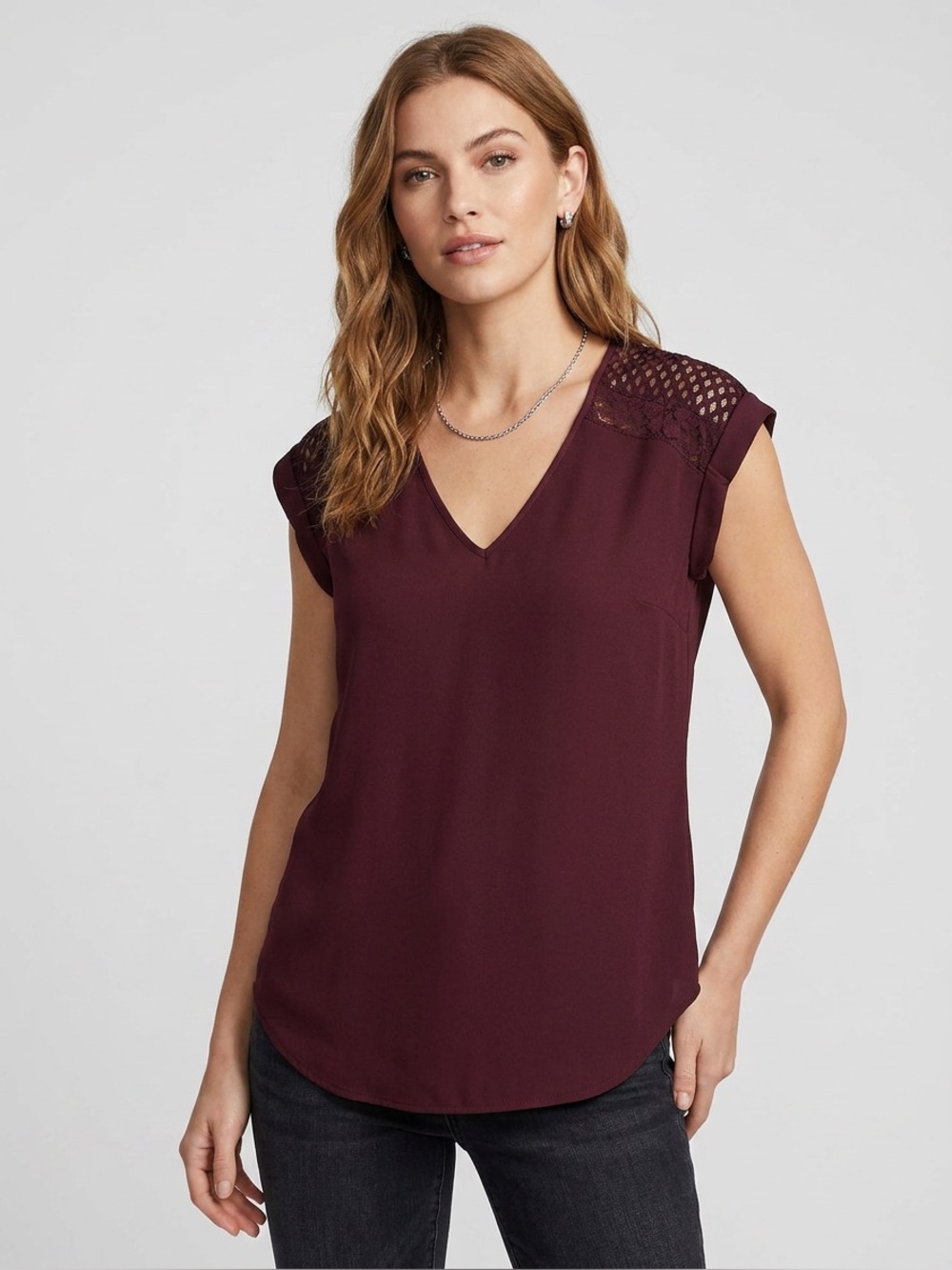 Express Women's V-Neck Burgundy Lace-Trim Top